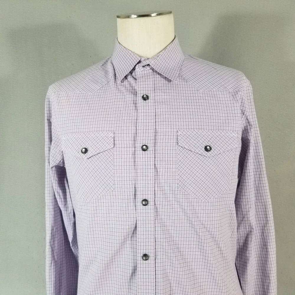 Banana Republic Shirt Mens M Purple Plaid Western Pearl Snap Retro Flex Stretch